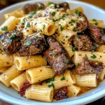 Garlic Butter Steak Tips with Cheesy Rigatoni