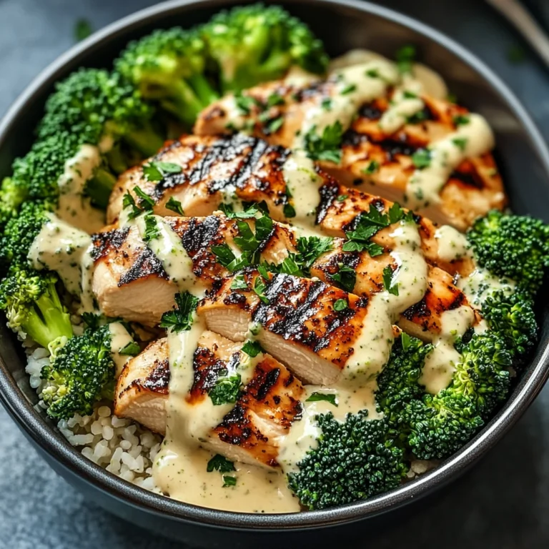 Grilled Chicken & Broccoli Bowls with Creamy Garlic Sauce