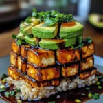 Crispy Teriyaki Tofu and Avocado Rice Stack