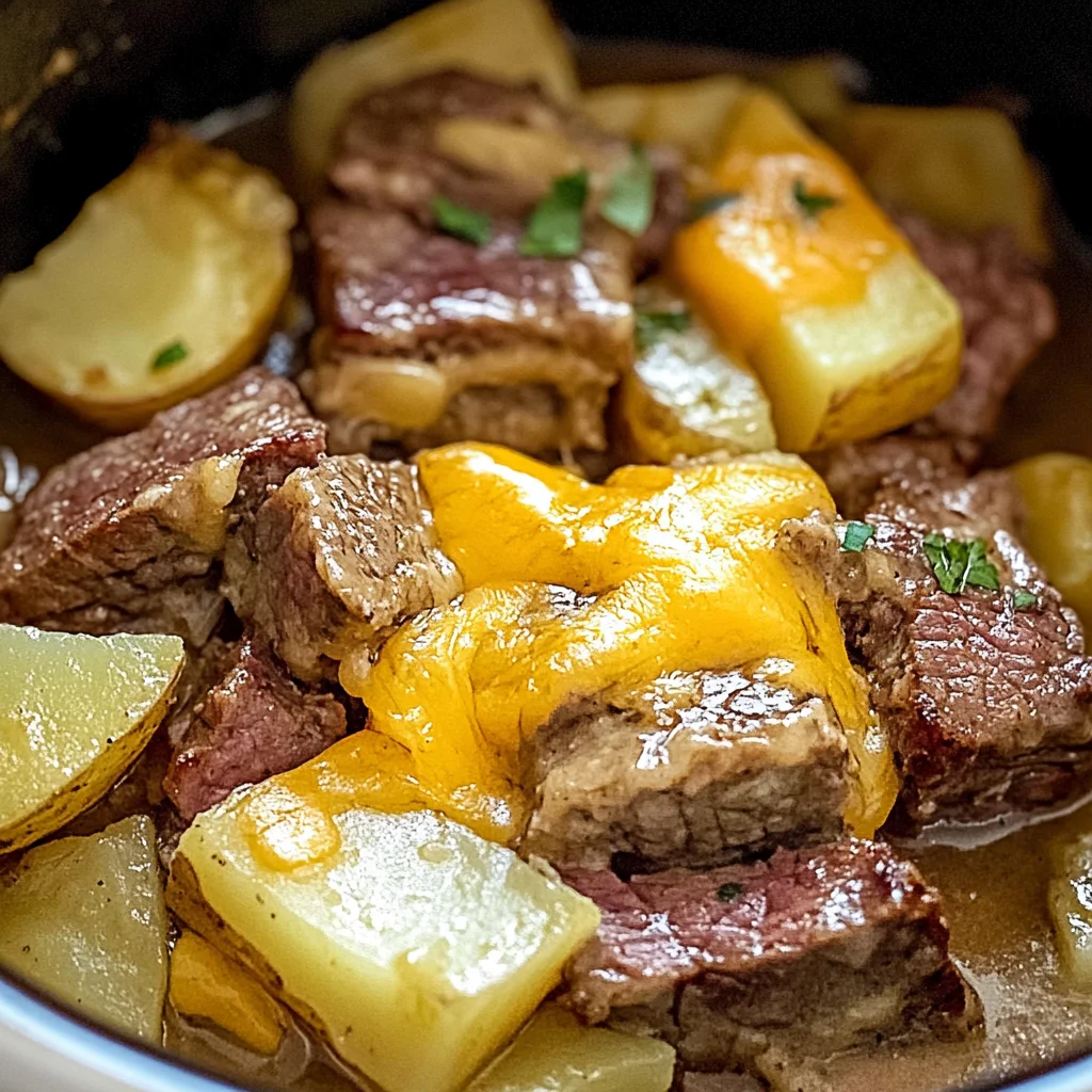 Slow Cooker Steak and Cheddar Potato Casserole