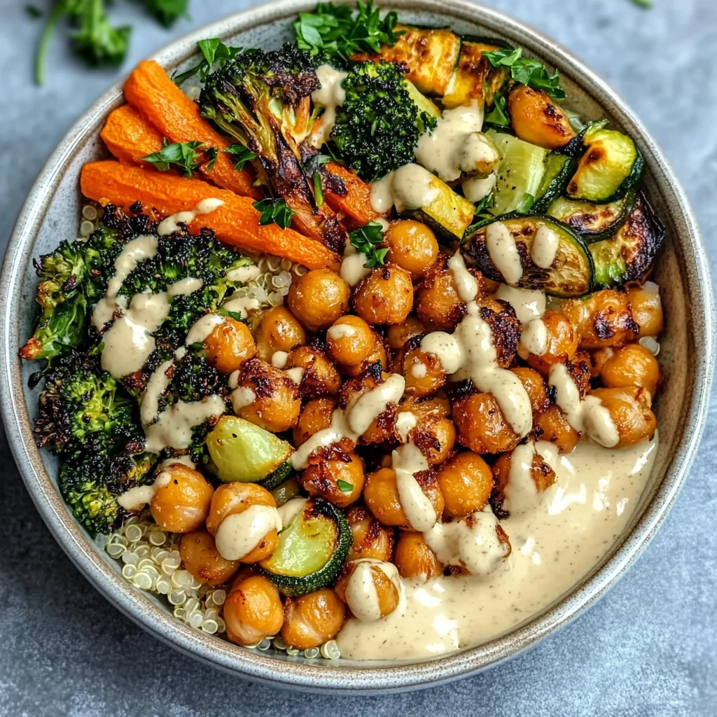 Roasted Veggie Chickpea Bowls with Maple Dijon Tahini Dressing