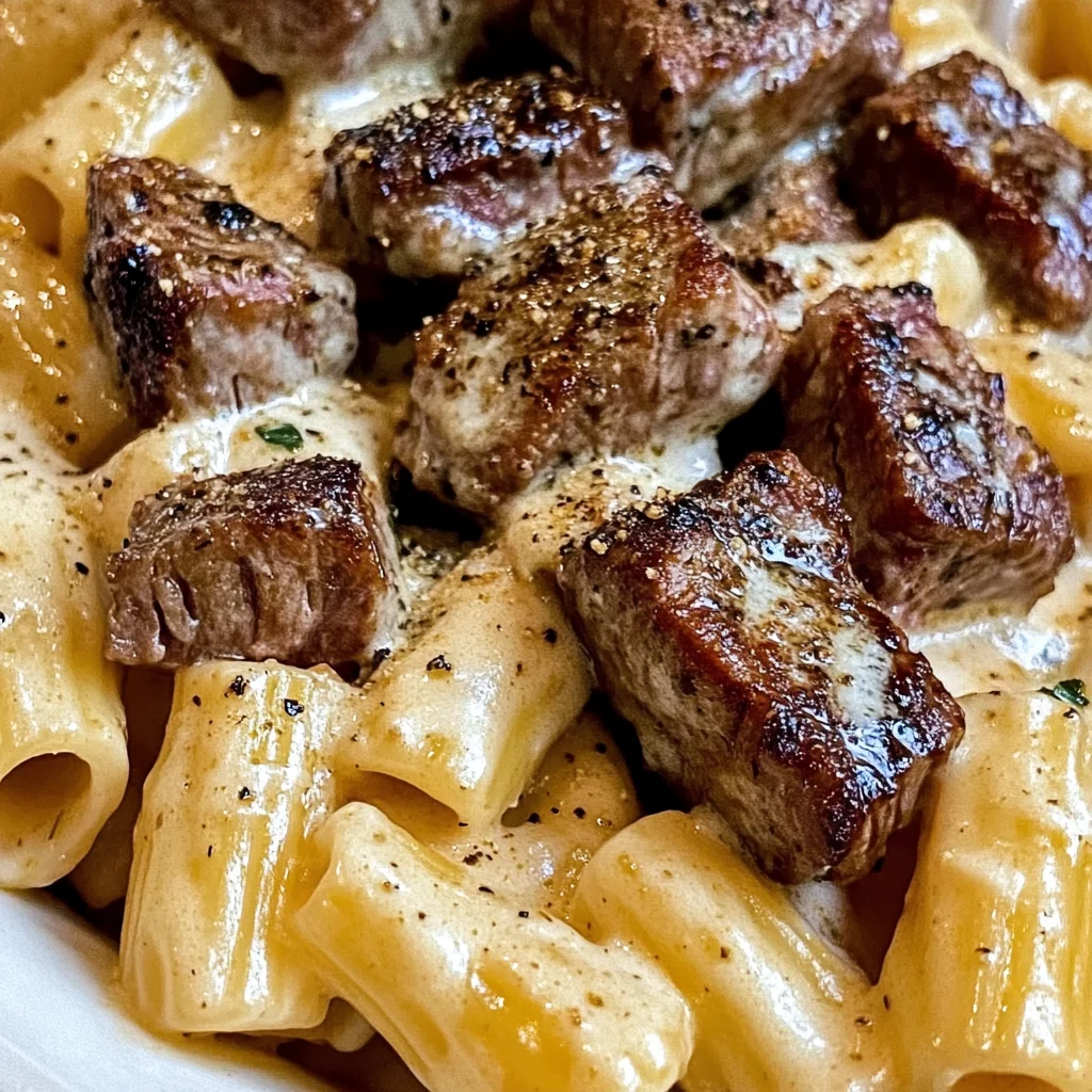 Cajun Steak Tips in Cheesy Rigatoni Parmesan Sauce