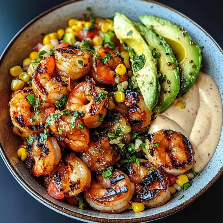Grilled Shrimp Bowl with Avocado, Corn Salsa & Creamy Garlic Sauce