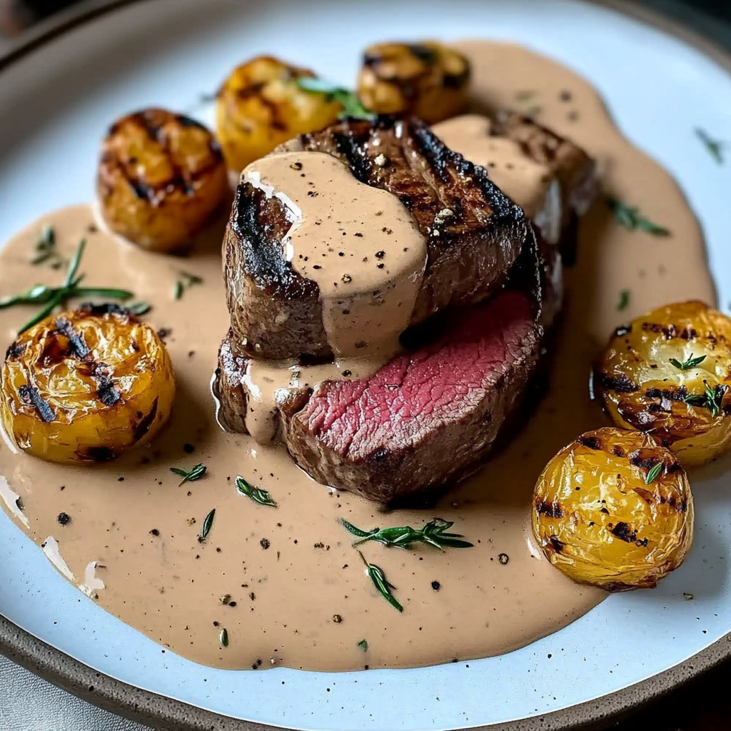 Indulge in Elegant Filet Mignon with Creamy Peppercorn Sauce