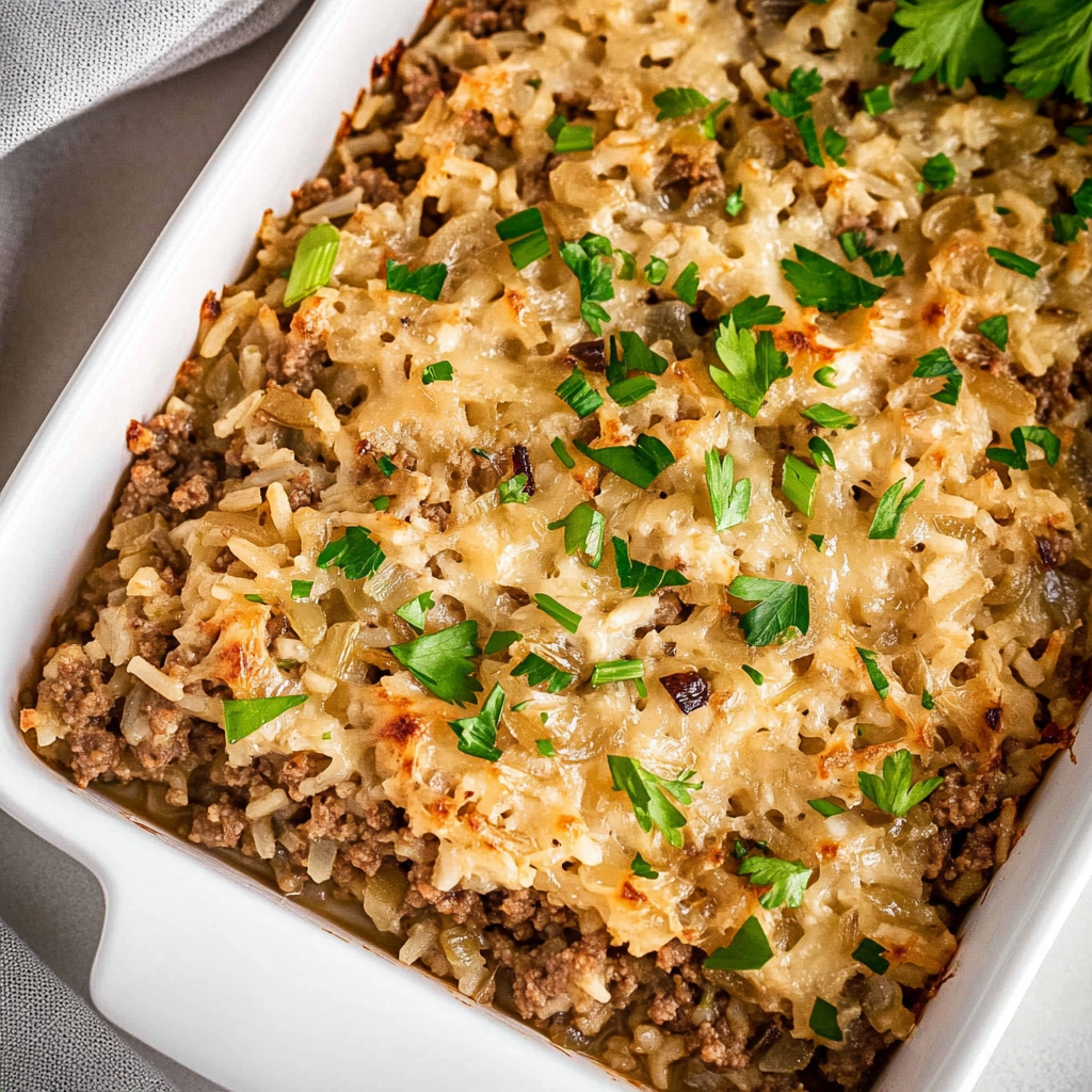 Irresistible French Onion Ground Beef and Rice Casserole