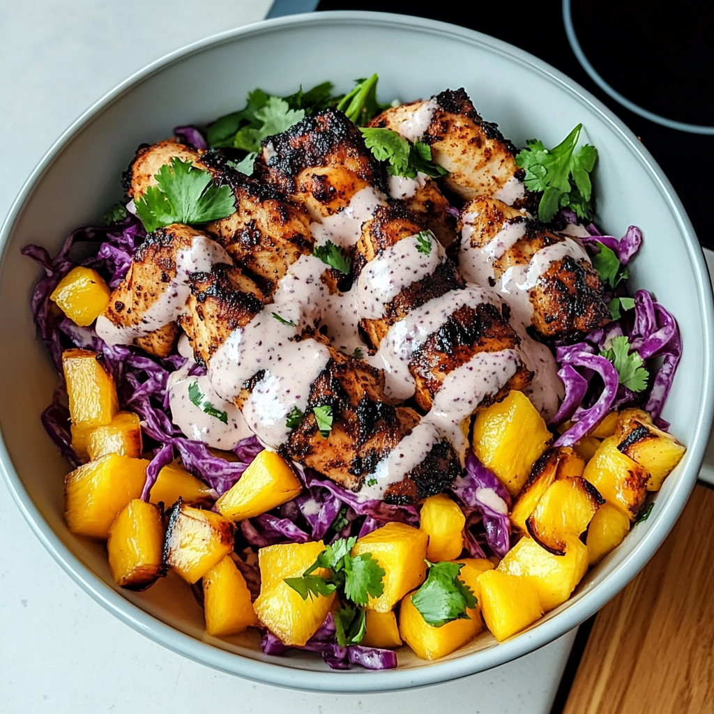 Flavorful Jerk Chicken & Mango Slaw Bowls with Honey Lime…