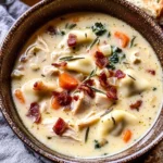 Creamy Pierogi Chicken Soup with Rosemary Bacon Bits