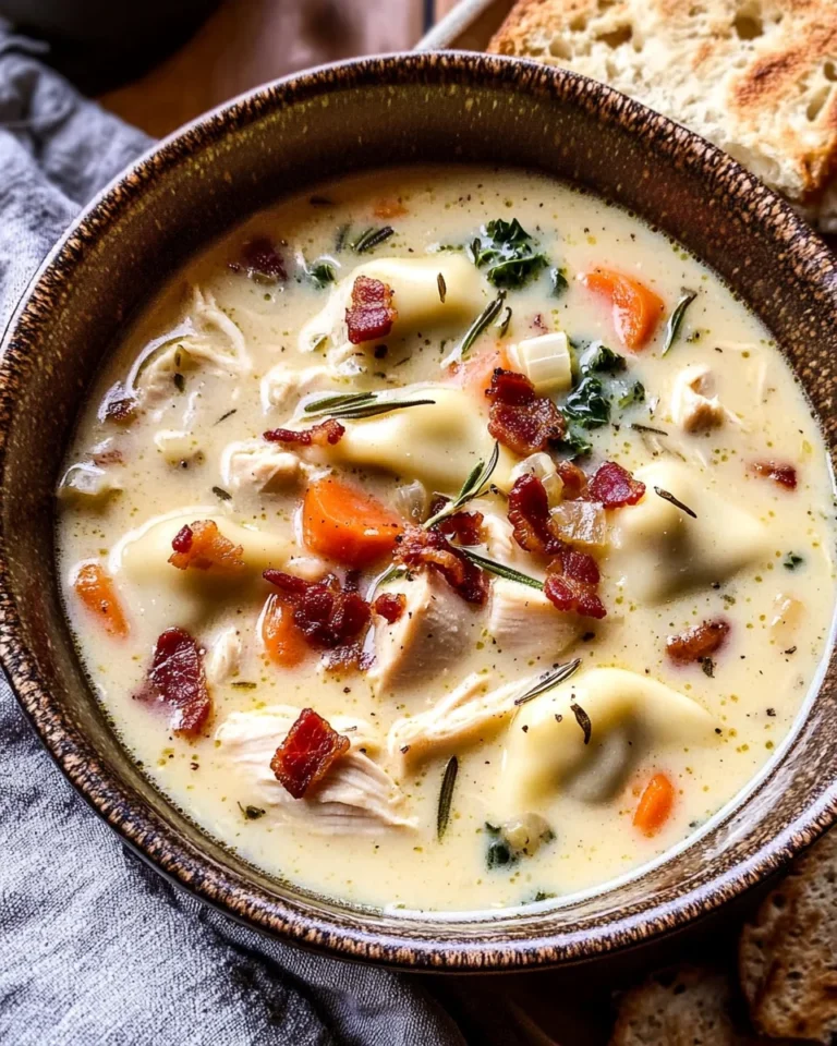 Creamy Pierogi Chicken Soup with Rosemary Bacon Bits