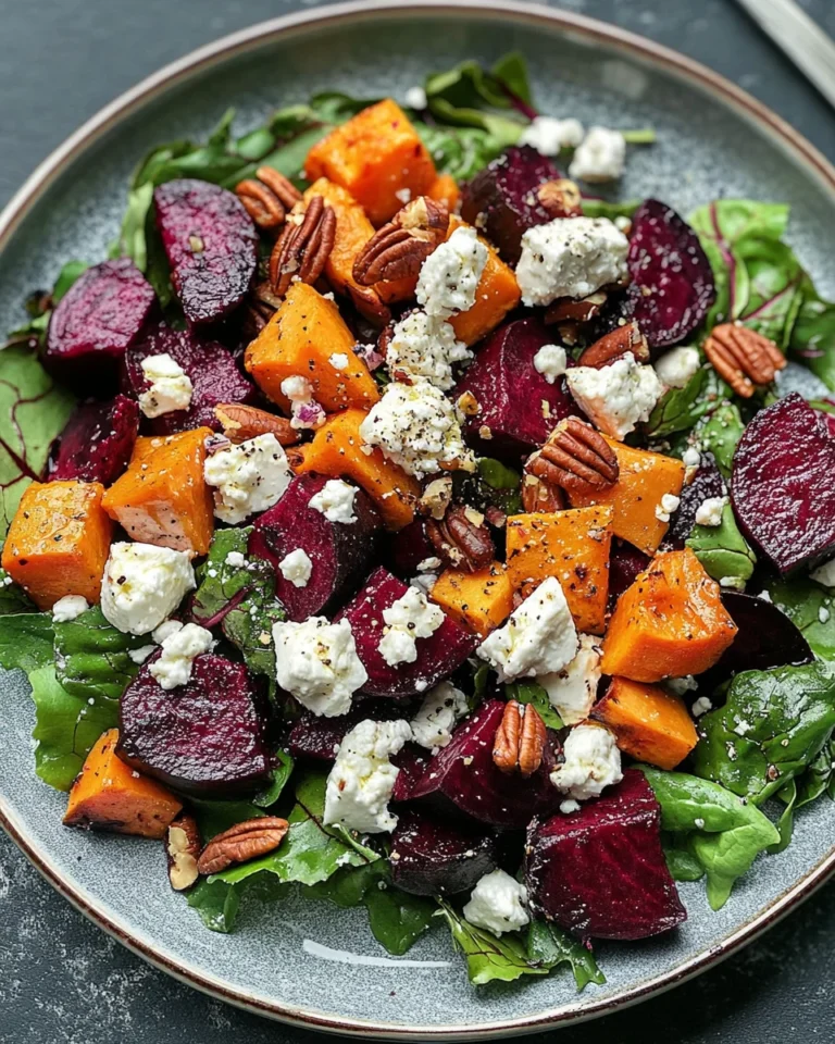 Creamy Roasted Beet Salad with Sweet Potato & Feta