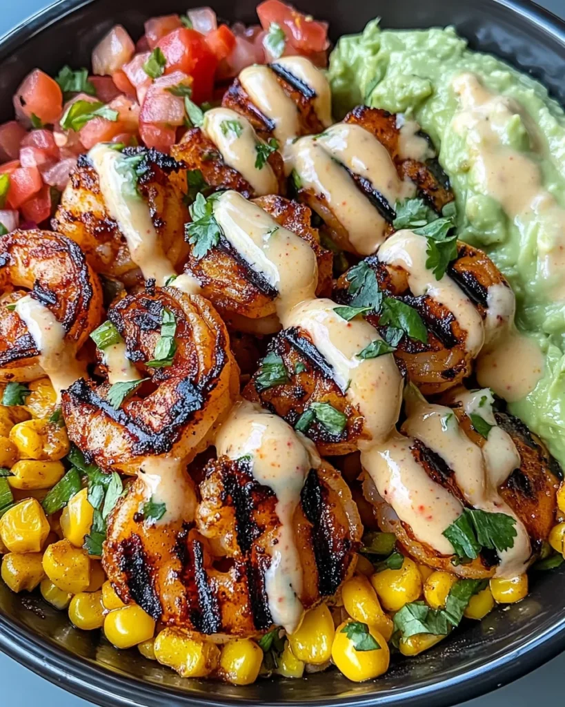 Grilled Shrimp Bowl with Avocado, Corn Salsa & Creamy Sauce Awaits You!