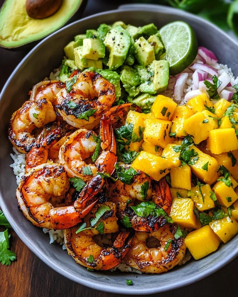 Shrimp and Avocado Bowls with Mango Salsa & Lime-Chili Sauce
