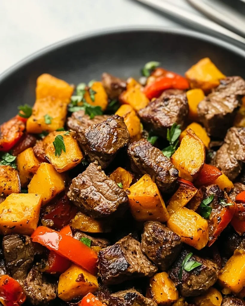 Whole30 Steak Bites with Sweet Potatoes and Peppers