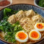 Dumpling Ramen Bowl with Soft-Boiled Eggs and Fresh Greens