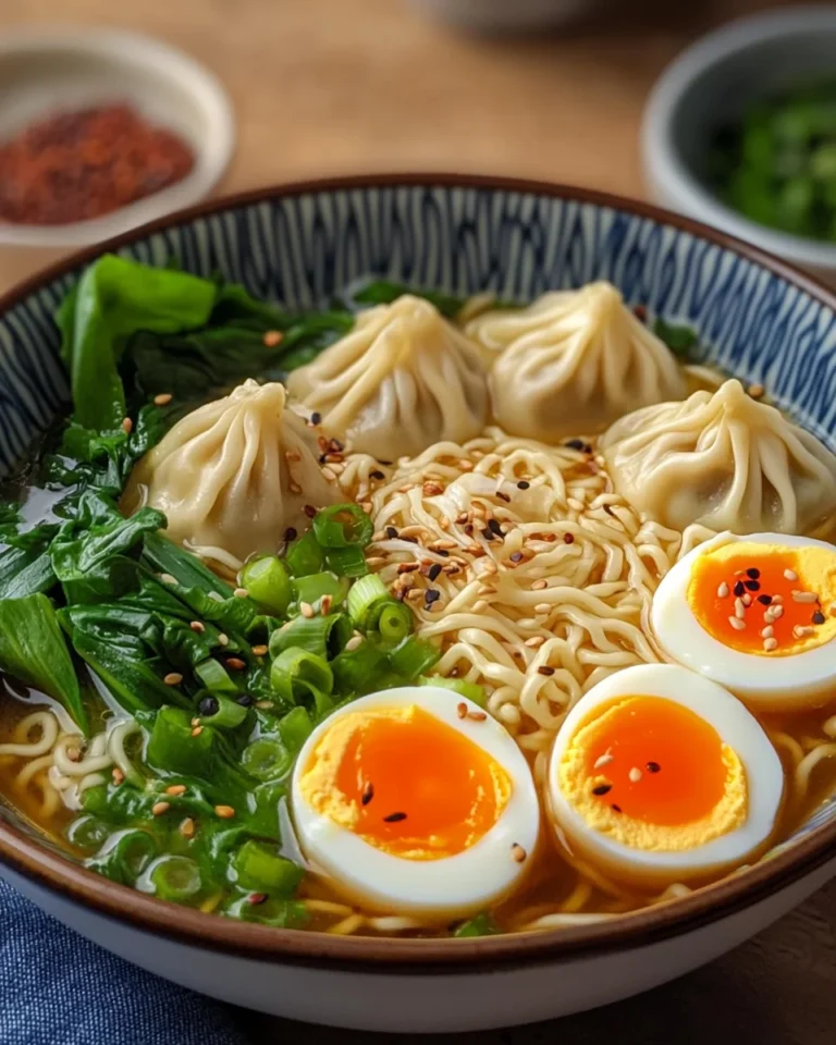 Dumpling Ramen Bowl with Soft-Boiled Eggs and Fresh Greens