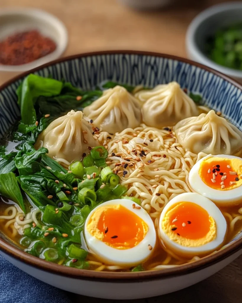 Dumpling Ramen Bowl with Soft-Boiled Eggs and Fresh Greens