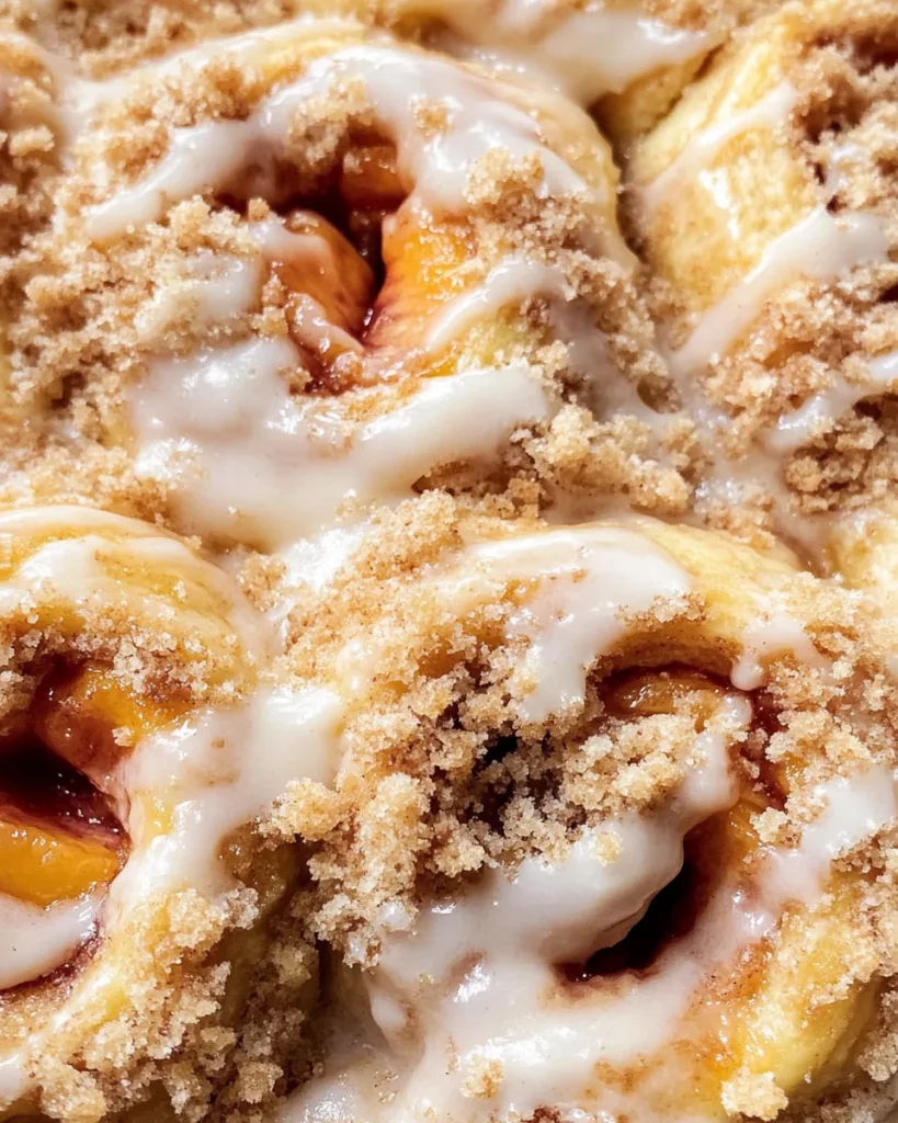 Peach Cobbler Cinnamon Rolls with Crumb Topping